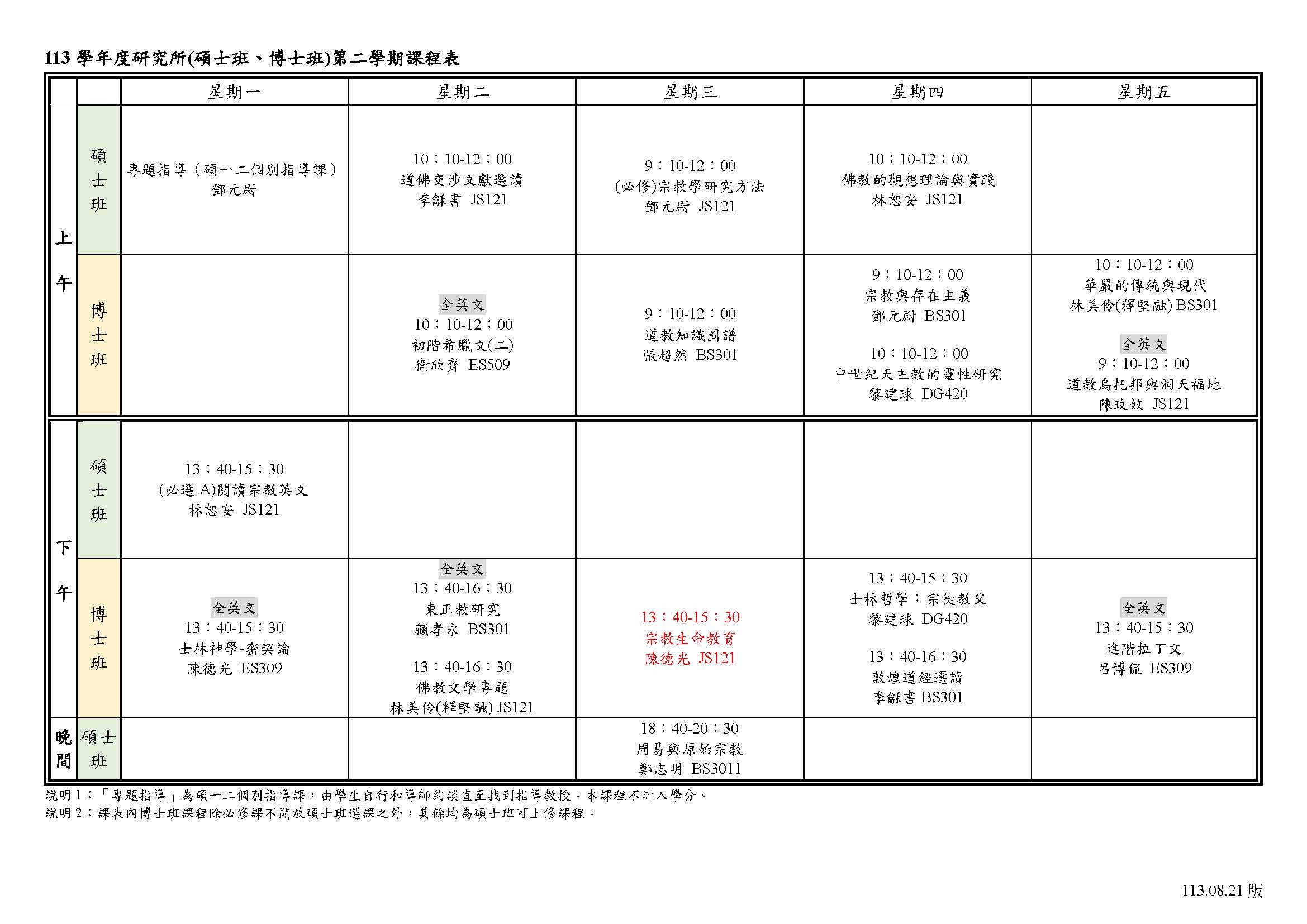 1132宗教學系碩士班博士班課表